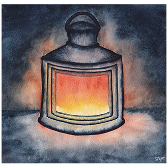 Aquarelle extra fine, objet, lampe tempete, lumiere, nuit, bleu indigo, jaune, orange, rouge, peinture, aquarelliste